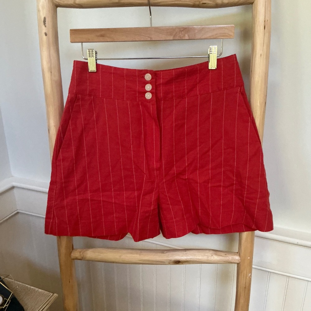 Mango Suit Red Pinstripe Linen Cotton High Waisted Shorts Womens 6 NEW